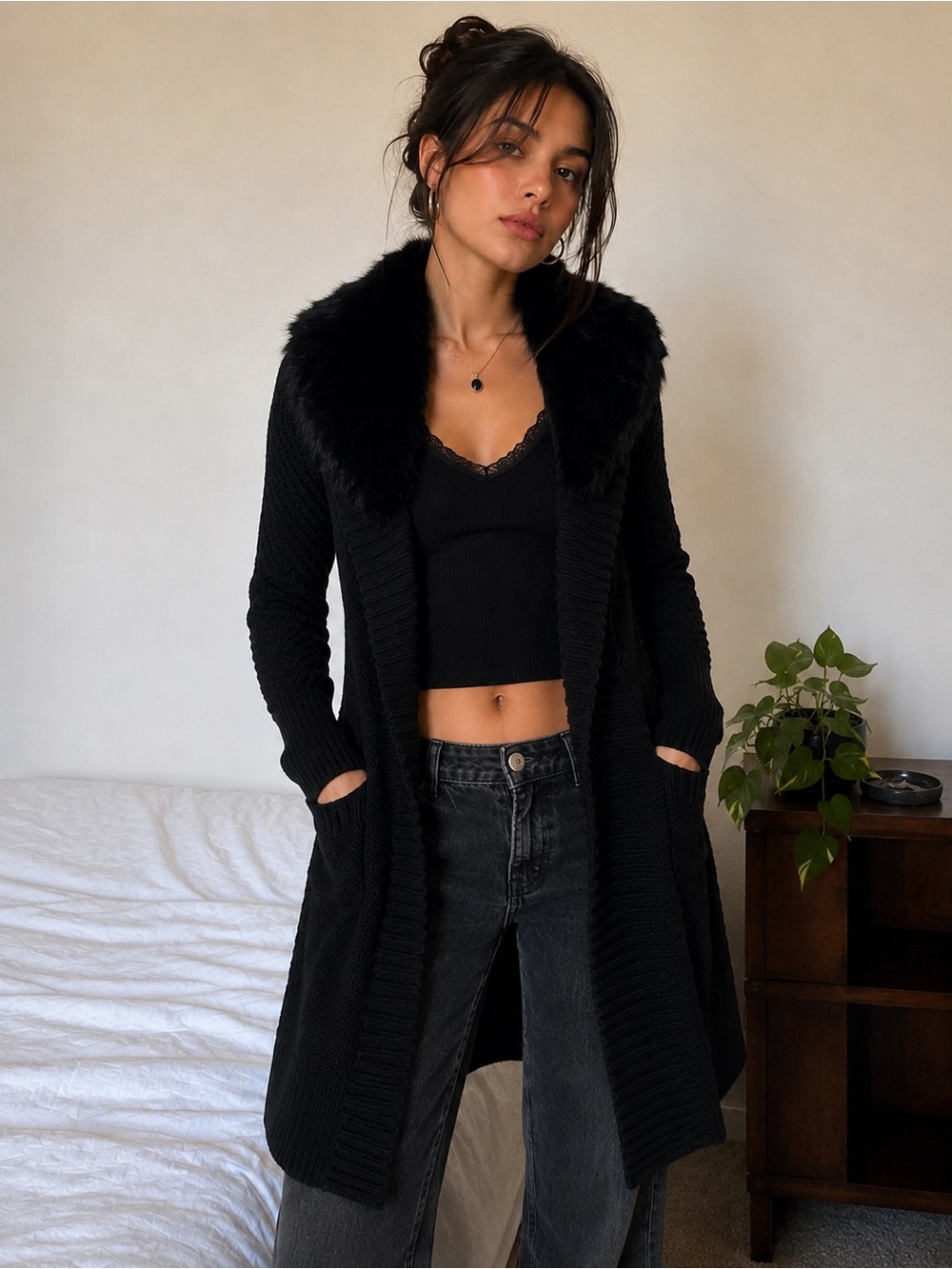 Elie Tahari for Saks Merino Wool Cardigan w/ Detachable Rabbit Fur Collar